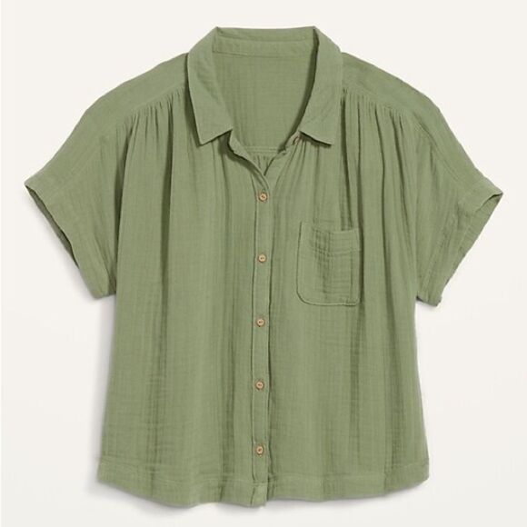 Old navy sage  green muslin cotton button front Top blouse oversized cropped XL - Picture 2 of 9